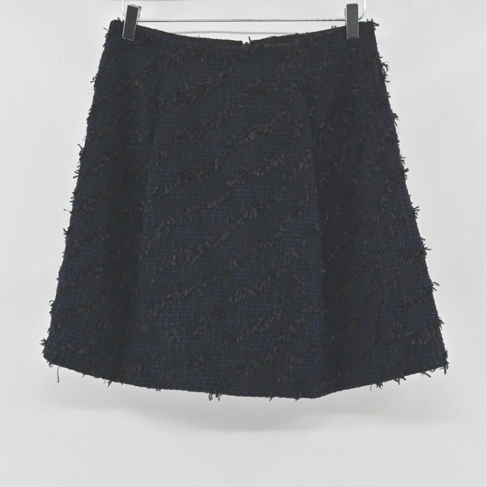 J McLaughlin Tweed Fringe A-Line‎ Mini Skirt Womens Size 6 Navy Black Academia